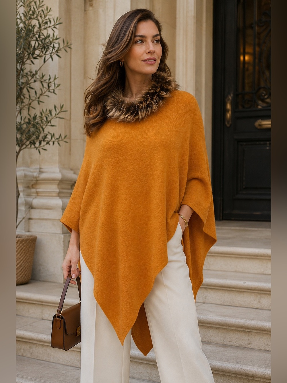 NEW! LA MAREY 100% Cashmere Poncho Fur Trim One Size Fits Most